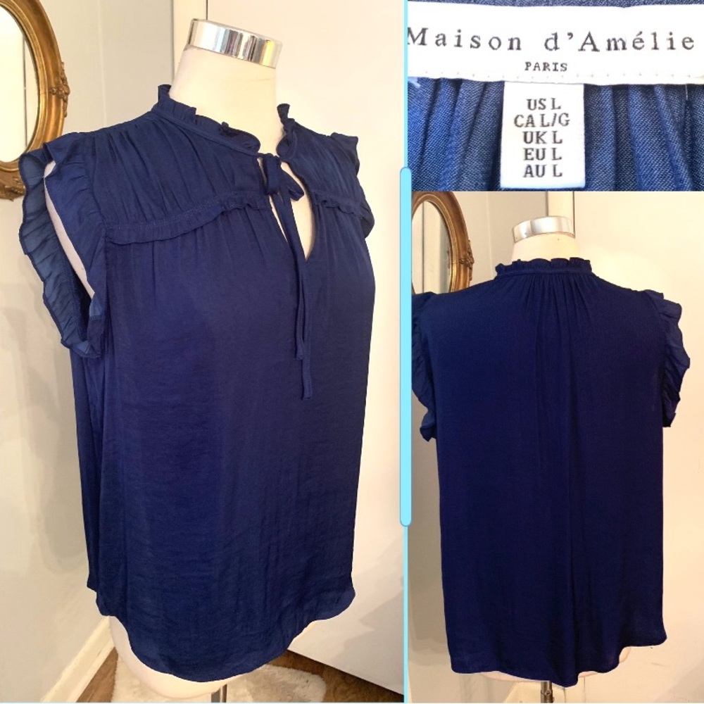 Maison D Amelie Blouse indigo Blue Ruffles key hole neck Sz L feminine top